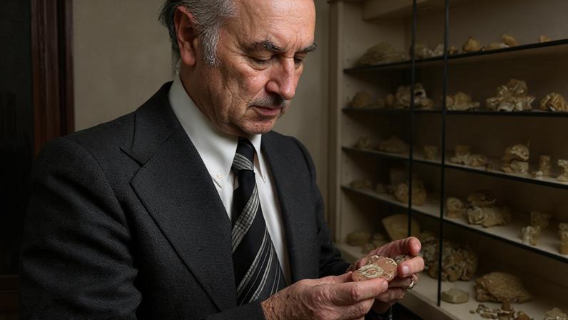 Getty Images Black-and-white photo of Albert Hofmann in a suit and tie examining a collection of rocks on a shelf in 1976 (Credit: Getty Images)