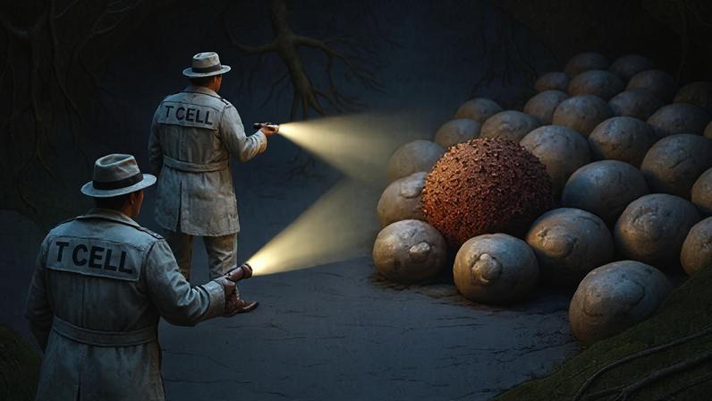 An illustration of T-cells dressed as detectives shining torches onto a cancer cell hiding among other healthy cells (Credit: Emmanuel Lafont)