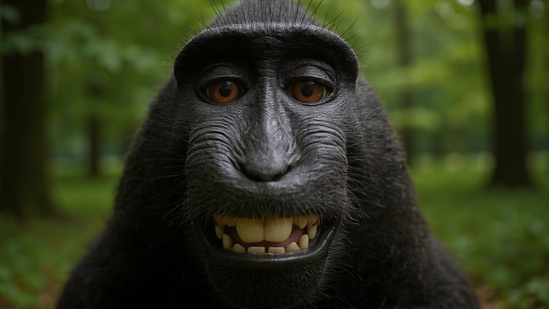 Photograph of a black macaques taking a selfie (Credit: David Slater/ Caters New/ BBC)