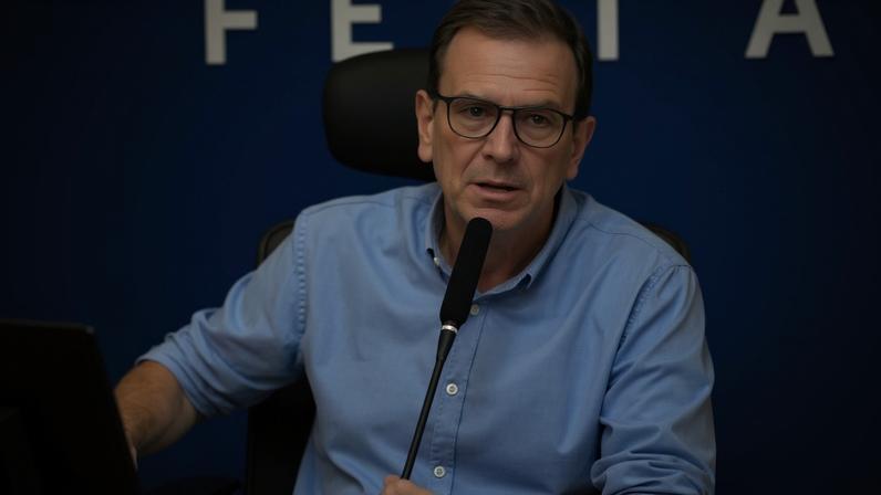 Eduardo Paes está de camisa social azul e fala em um microfone e Douglas Ruas está de terno e braços cruzados