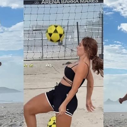 Paolla Oliveira testa futevôlei em treino e provoca curiosidade