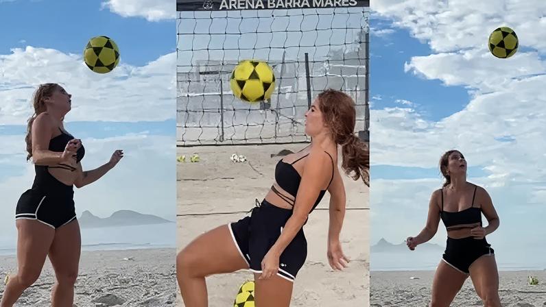 Paolla Oliveira posa jogando futevôlei na praia