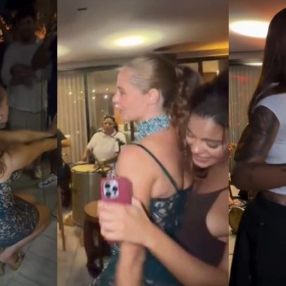 Paolla Oliveira cai no chão, abraçada com Bella Campos em festa com Ludmilla