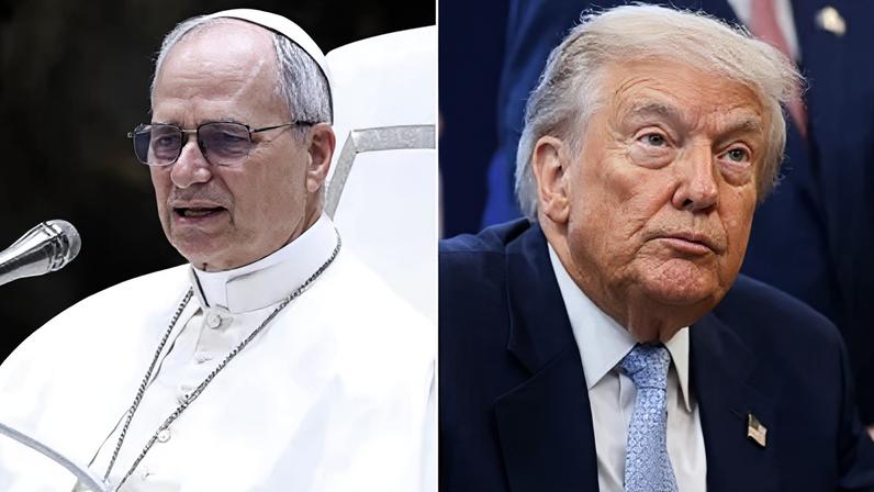 Montagem com imagens do papa leão XIV e de Donald Trump