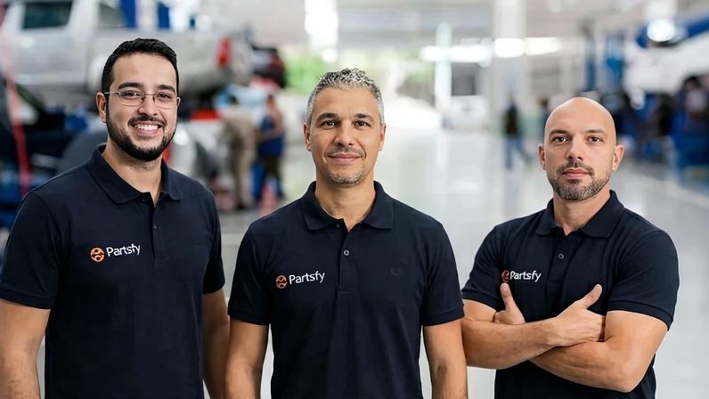 Thiago Valente, Marcelo Galli e Davi Souza, da Partsfy: empresa centraliza a compra de autopeças, compara preços, prazos e fornecedores (Divulgação/Divulgação)