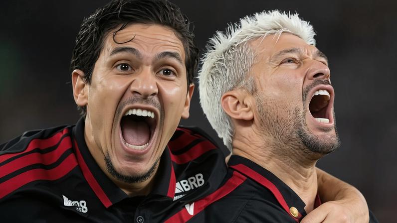 Pedro e Arrascaeta celebram gol do Flamengo sobre o Bahia em jogo do Brasileirão