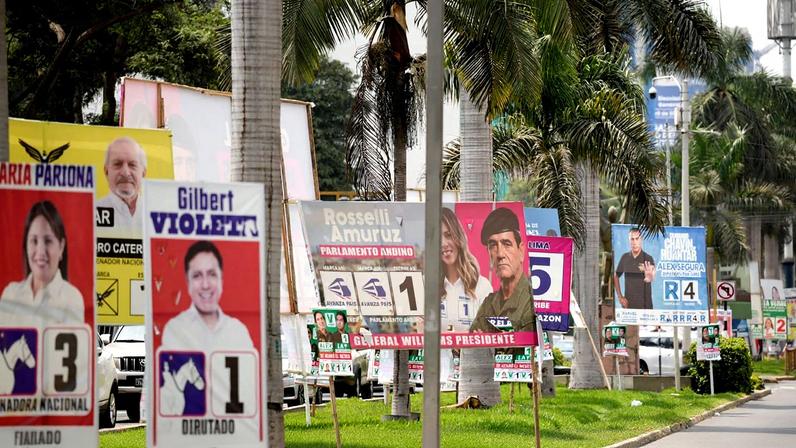 FILE PHOTO: Political advertising is on display ahead of the April 12 general election, in Lima, Peru, April 8, 2026. REUTERS/Angela Ponce/File Photo