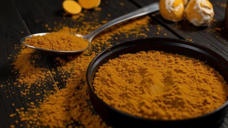 Porção de cúrcuma em raiz e em pó