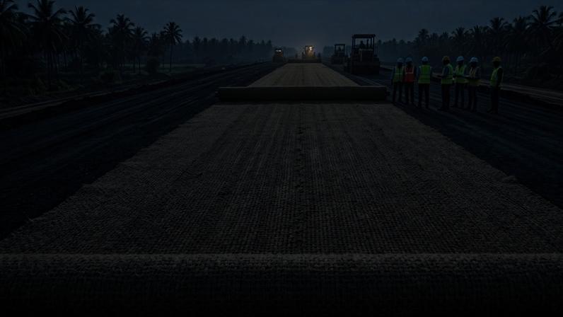 A fibra de coco entra nessa fundação como uma camada de reforço que impede a mistura de materiais e distribui o peso dos veículos