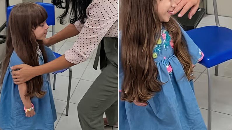 Menina faz pose e diverte funcionários — Foto: Reprodução/redes sociais