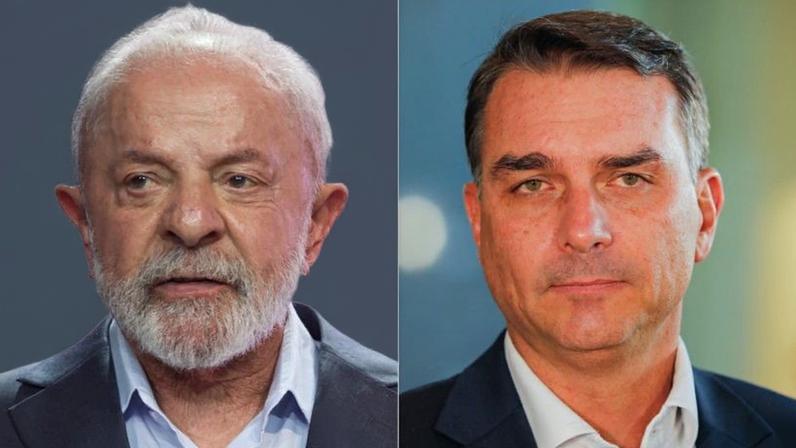Na imagem, o presidente Lula (à esq.), que tentará o 4º mandato em 2026, e Flávio Bolsonaro (à dir.), escolhido pelo pai para representá-lo na corrida ao Planalto