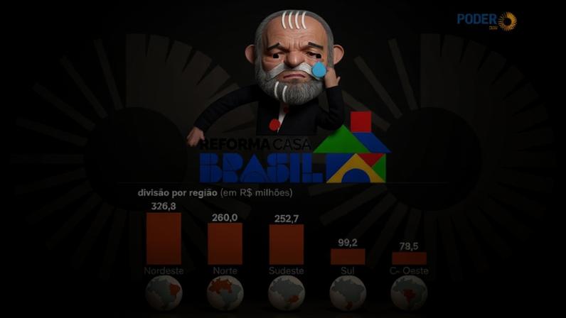 Acima, ilustração do presidente Lula e a distribuição dos recursos do Reforma Casa Brasil por região