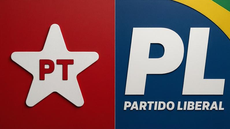 Na imagem, as logos do PT de Lula (à esq.) e do PL de Bolsonaro (à dir.)