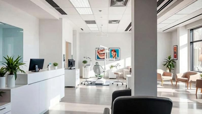 Ambiente clínico odontológico moderno e bem iluminado. Imagem: clinicaideal.com.