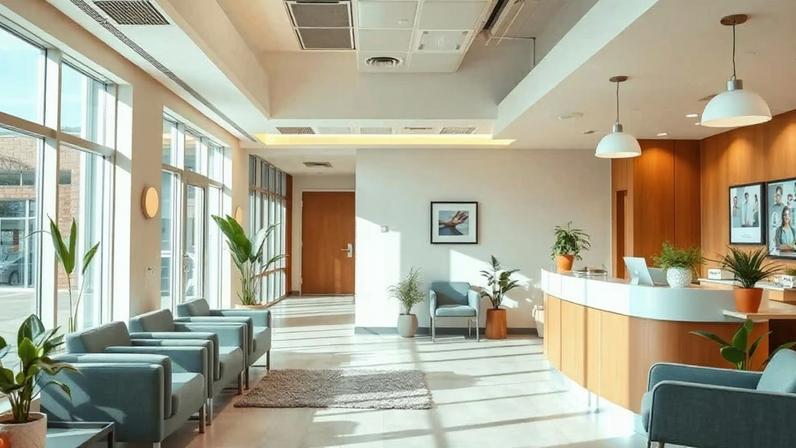 Recepção hospitalar com equipe administrativa em atendimento