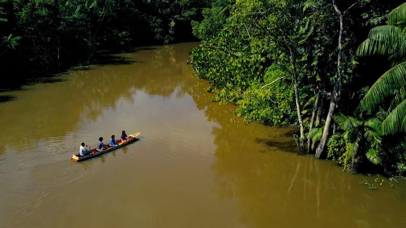 Embarcação no rio Purus cercada por vegetação amazônica, paisagem típica de Lábrea AM