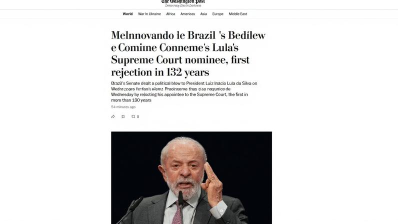 Notícia sobre a rejeição de Messias ao STF no The Washington Post — Foto: Reprodução
