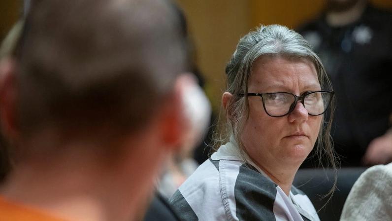 Jennifer and James Crumbley, the first parents in U.S. history to be convicted for a school shooting committed by their child, during their sentencing on April 9, 2024.