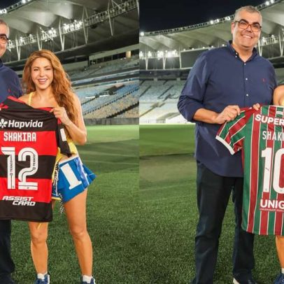 Shakira no Maracanã autografa bola e ganha camisas de Flamengo e Fluminense