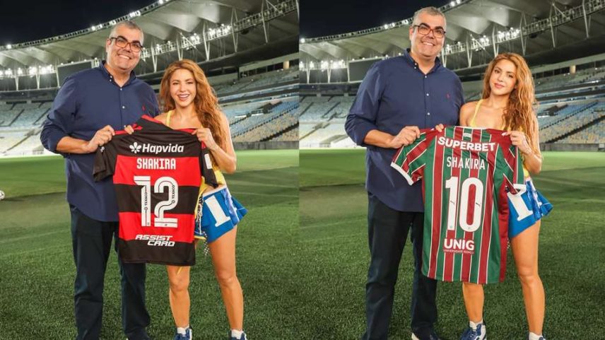 Shakira no Maracanã autografa bola e ganha camisas de Flamengo e Fluminense