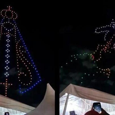 Show de drones encanta fiéis na Alvorada de São Jorge, RJ
