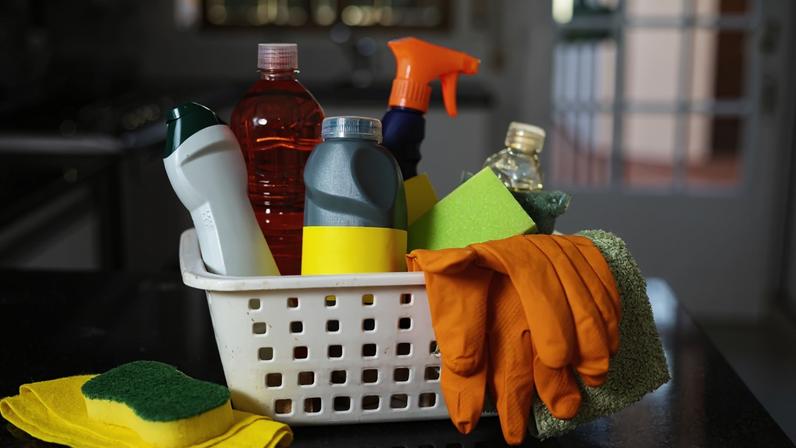 Produtos de limpeza em cesta- Metrópoles