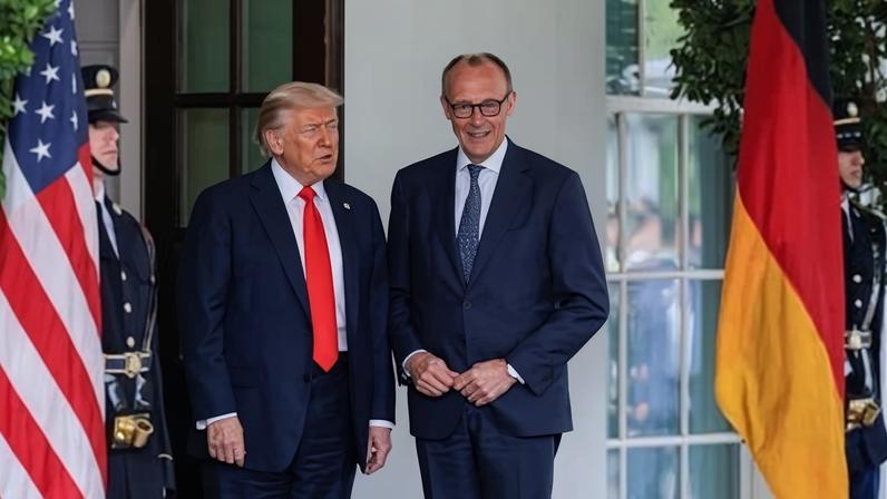 Presidente dos EUA, Donald Trump, e chanceler da Alemanha, Friedrich Merz, na Casa Branca, em Washington