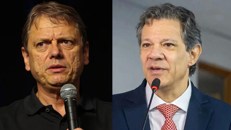 O governador de São Paulo, Tarcísio de Freitas (Republicanos), e o ex-ministro da Fazenda Fernando Haddad (PT)