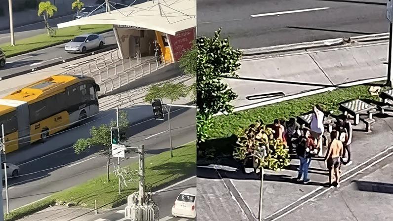 Pessoas prestam socorro à mulher baleada após tentativa de assalto na Avenida Salvador Allende, na Zona Oeste do Rio.