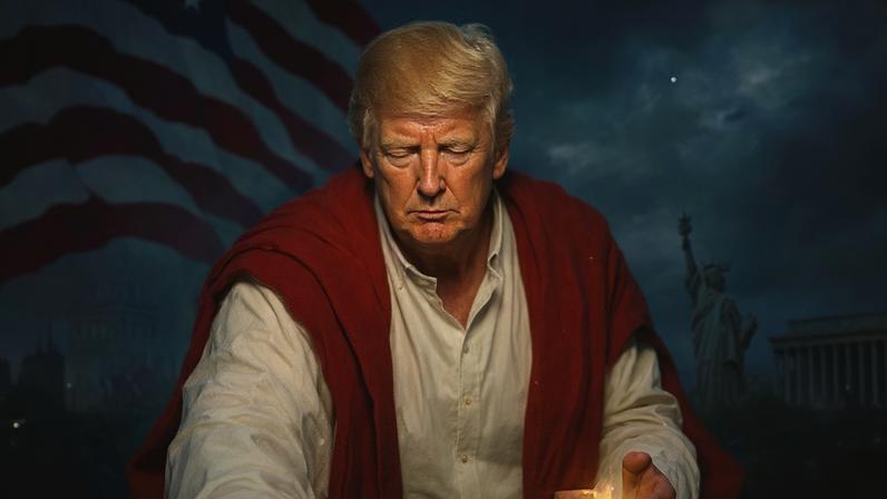 Trump compartilhou imagem feita com inteligência artificial em que aparece com vestes que lembram Jesus Cristo, abençoando um homem