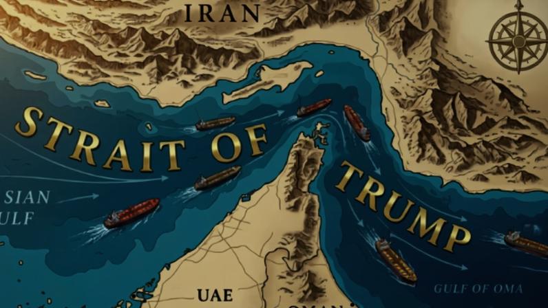 Foto colorida de mapa com "Estreito Trump" divulgado por Donald Trump - Metrópoles