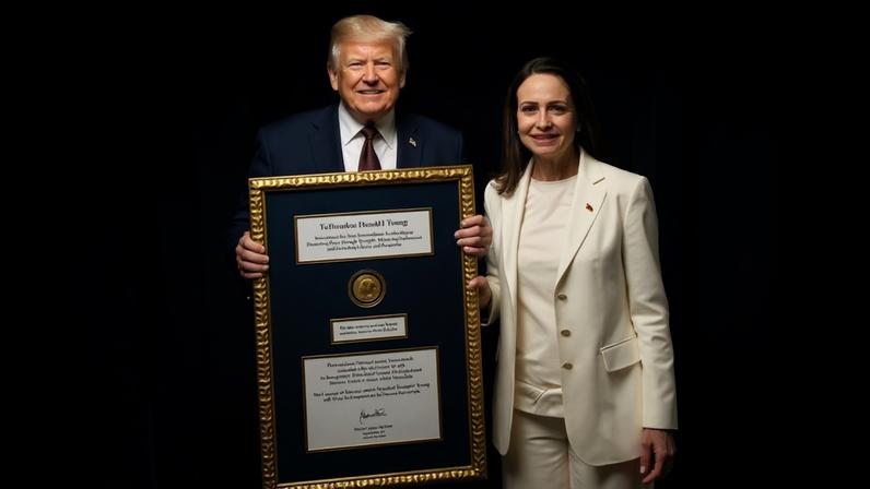 María Corina (à dir.) entregou a medalha do Nobel da Paz justificando um “compromisso único” de Trump (à esq.) com a liberdade do povo venezuelano