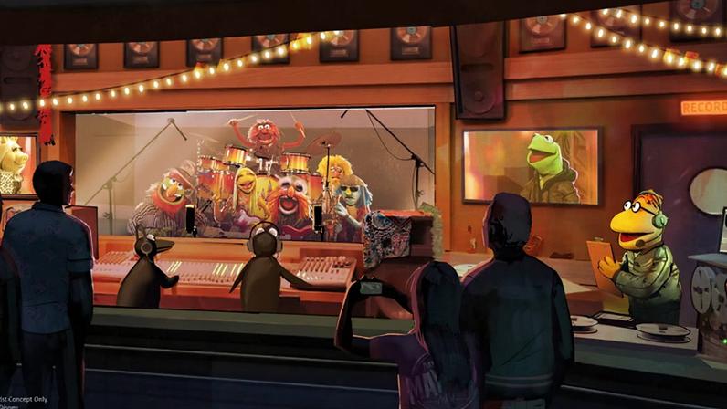 Os visitantes assistem ao ensaio da banda residente dos Muppets, The Electric Mayhem, em estúdio