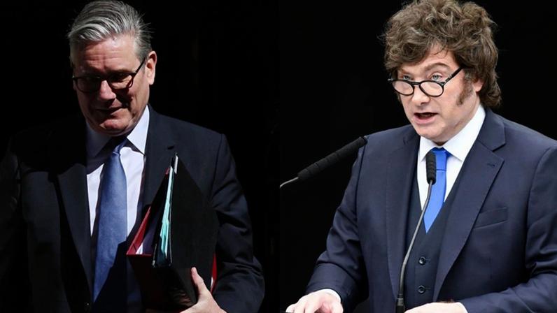 O premiê britânico, Keir Starmer, e o presidente argentino, Javier Milei (Foto: Andy Rain e Matías Martin Campaya/EFE/EPA)