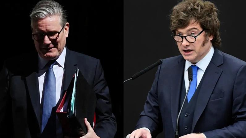 O premiê britânico, Keir Starmer, e o presidente argentino, Javier Milei (Foto: Andy Rain e Matías Martin Campaya/EFE/EPA)