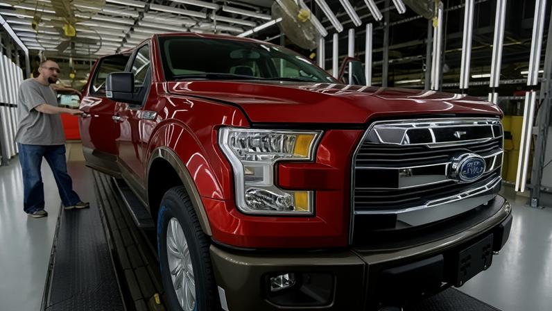 A worker inspects a new aluminum-alloy body Ford F-150 truck at the company’s Kansas City Assembly Plant, March 13, 2015 in Claycomo, Mo. (AP Photo/Charlie Riedel, File)