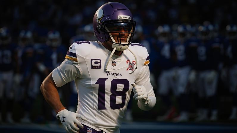 Minnesota Vikings wide receiver Justin Jefferson (18) before an NFL football game against the New York Giants, Sunday, Dec. 21, 2025, in East Rutherford, N.J. (AP Photo/Seth Wenig, File)