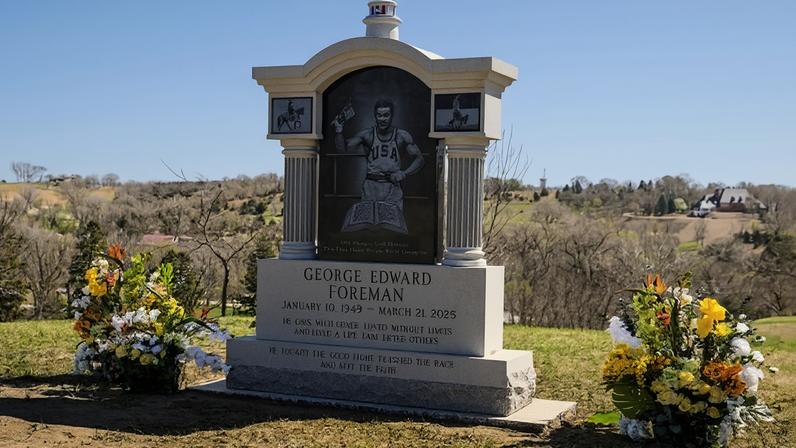 George Foreman's grave is shown Thursday, April 16, 2026, in Sioux City's Logan Park Cemetery. (Tim Hynds/Sioux City Journal via AP)