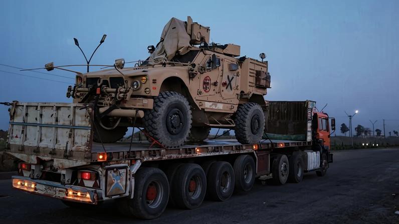 A U.S. military vehicle is transported on a truck as part of a convoy withdrawing from Qasrak base in northeastern Hasakah province toward the Jordanian border near Daraa, Syria, Thursday, April 16, 2026. (AP Photo/Ghaith Alsayed)
