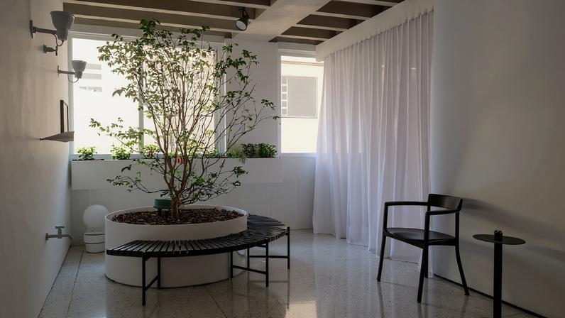 O pátio interno, com paisagismo de Rodrigo Maciel, integra o verde à arquitetura. A jabuticabeira se destaca e traz um clima de quintal e brasilidade à cena