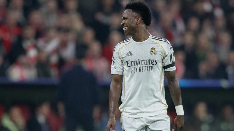 Vini Jr, do Real Madrid, durante partida contra o Bayern de Munique, pela Liga dos Campeões