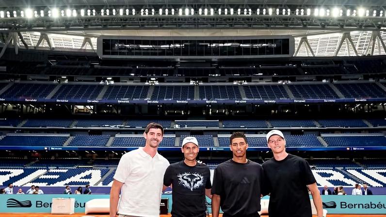 Nadal, Siiner, Bellingham e Courtois inauguram quadra no Bernabeu — Foto: ATP