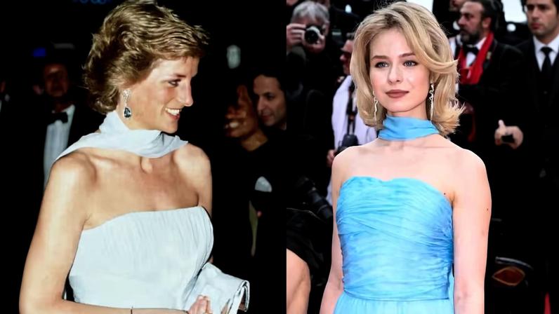 Em Cannes, atriz surge com réplica de icônico vestido usado pela princesa Diana no mesmo festival em 1987 — Foto: Getty Images