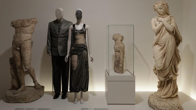 Looks de Glenn Martens para Y/Project e Jean Paul Gaultier entre esculturas clássicas na exposição Naked & Nude Body — Foto: Divulgação/ Anna-Marie Kellen / The Metropolitan Museum of Art