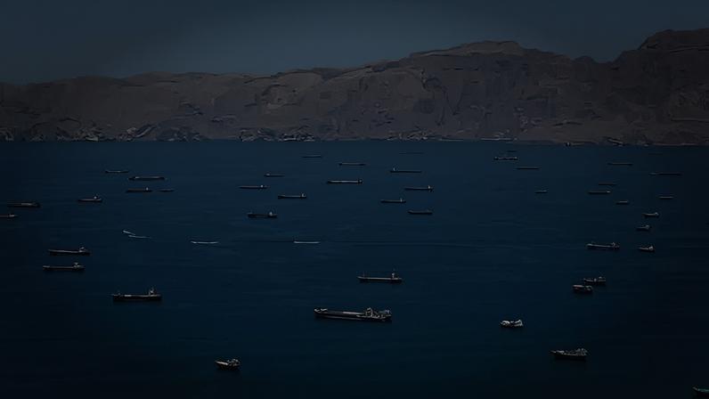 Vessels anchored at the Strait of Hormuz on Monday. Control of the waterway is a tool Iran has used as leverage against the United States.