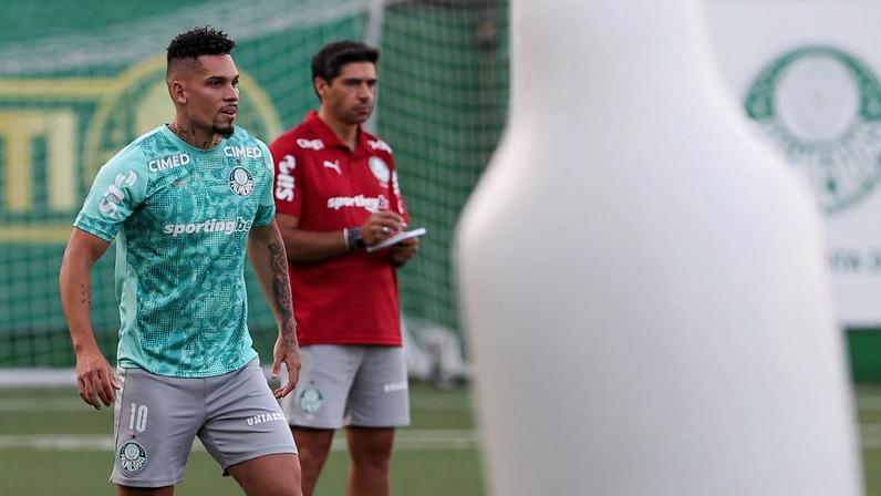 Paulinho disputa a bola com Khellven em treino do Palmeiras — Foto: Cesar Greco/Palmeiras/by Canon