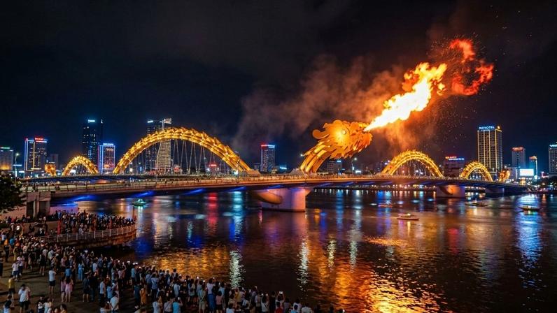 Ponte metálica em formato de dragão equipada com sistemas de iluminação e efeitos visuais – Créditos: depositphotos.com / richie0703