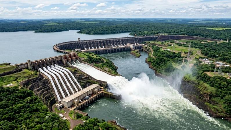 Usina hidrelétrica monumental na fronteira brasileira com dezenas de geradores de energia – Créditos: depositphotos.com / Junot