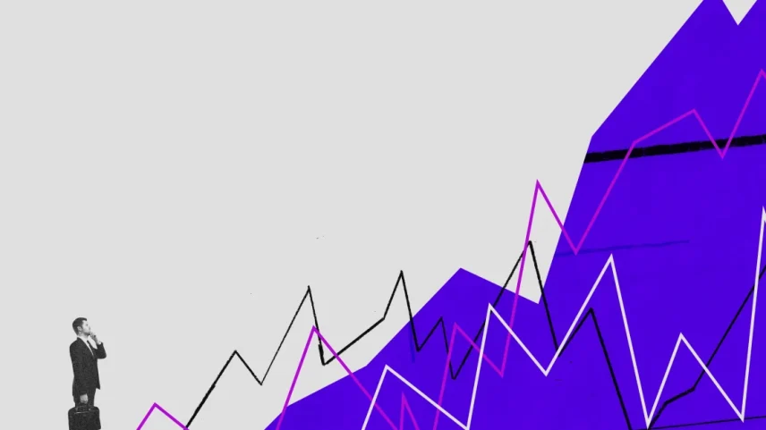 Ilustração em estilo colagem; gráfico; subida de números; dolar; selic; cambio; juros