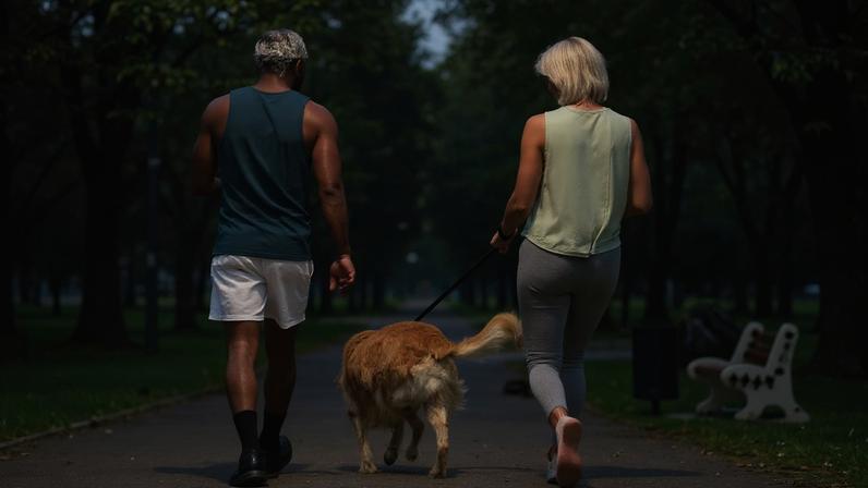 Fotografia de um casal passeando com o seu cachorro no parque.